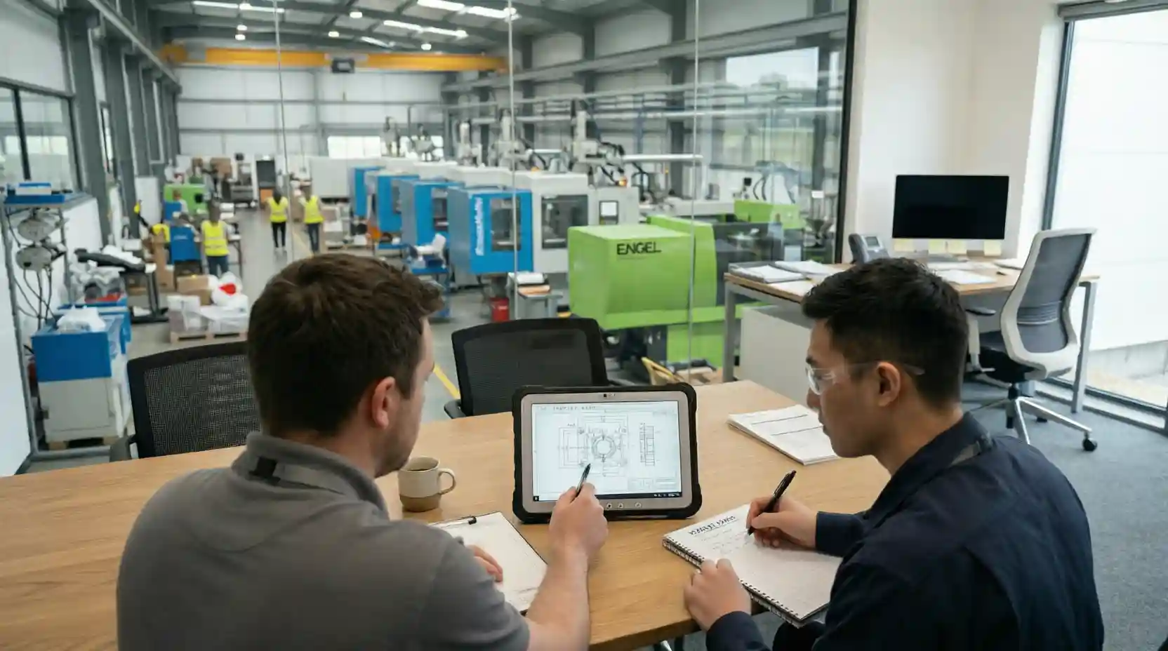 Engineers in Malaysia discussing project specifications in English