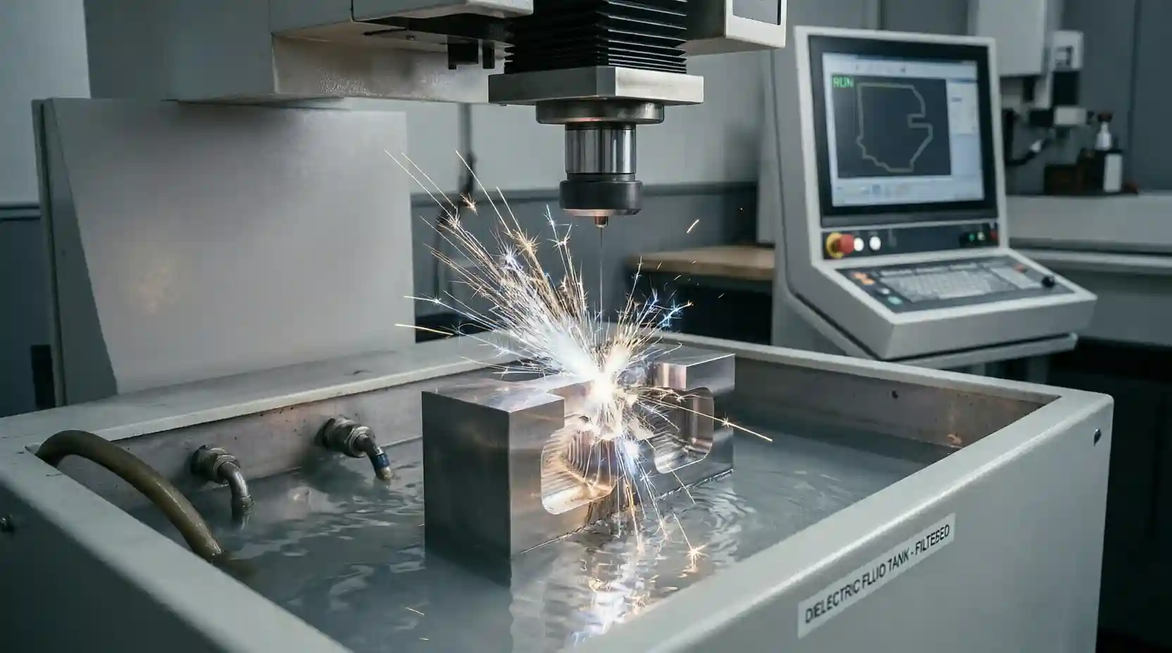 Wire EDM machine cutting hardened steel for injection mold components