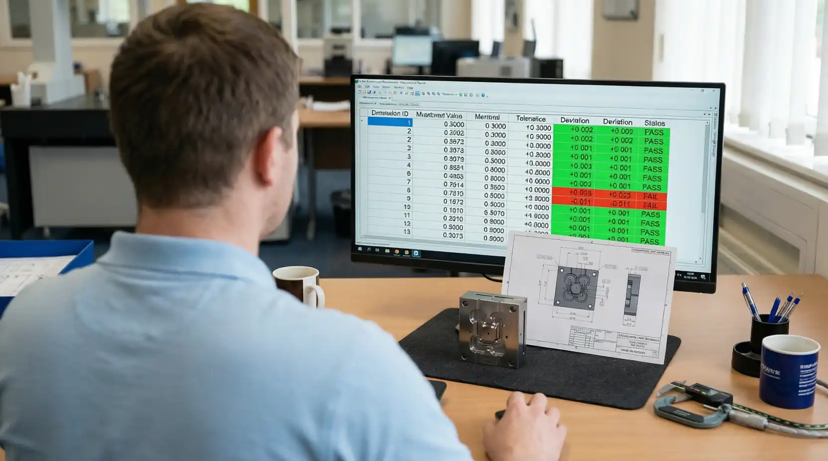 Quality engineer reviewing CMM dimensional inspection report