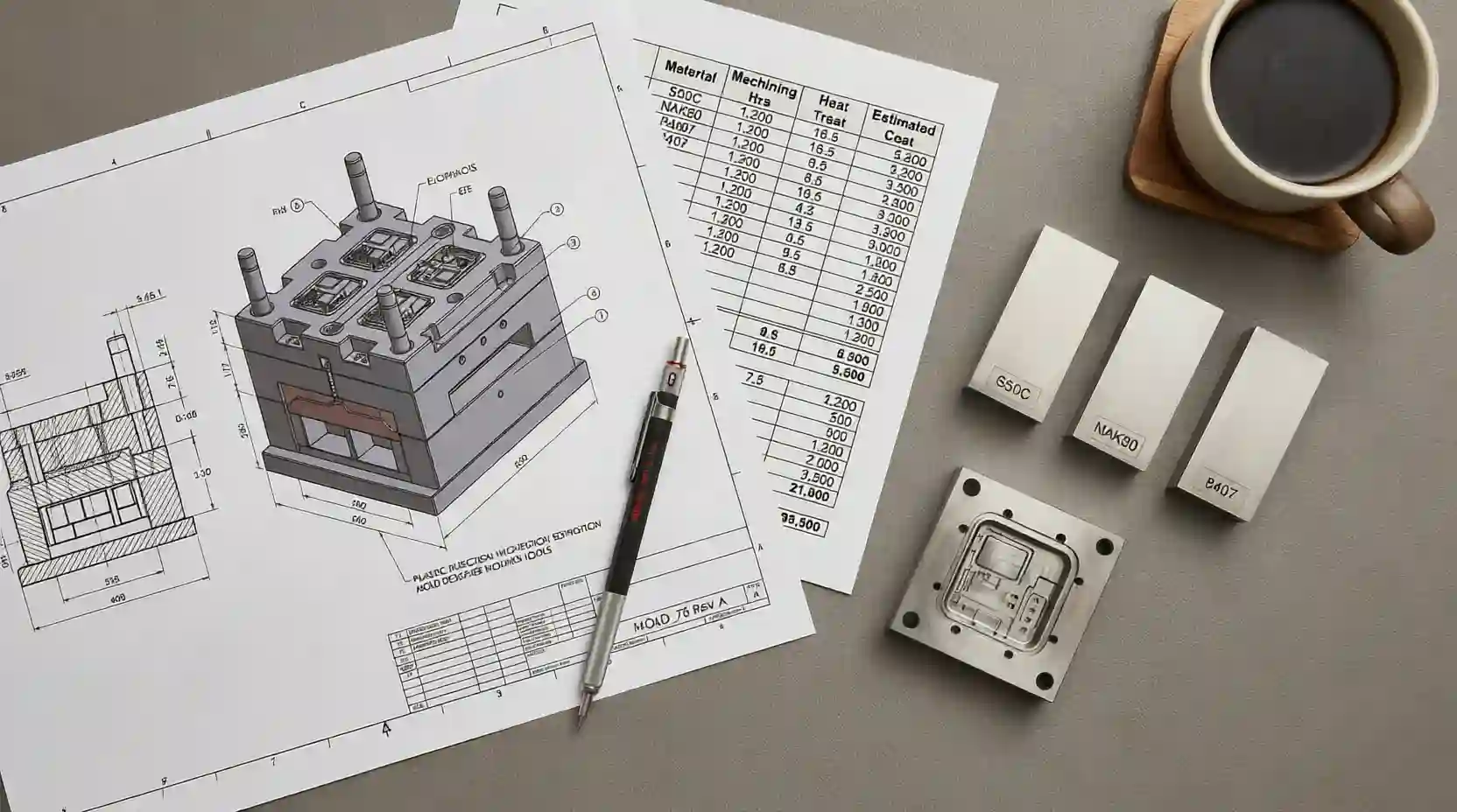 Mold designer reviewing design documentation at workstation
