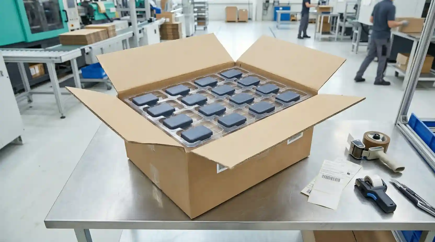 Neatly packed injection molded plastic parts inside tray and carton box