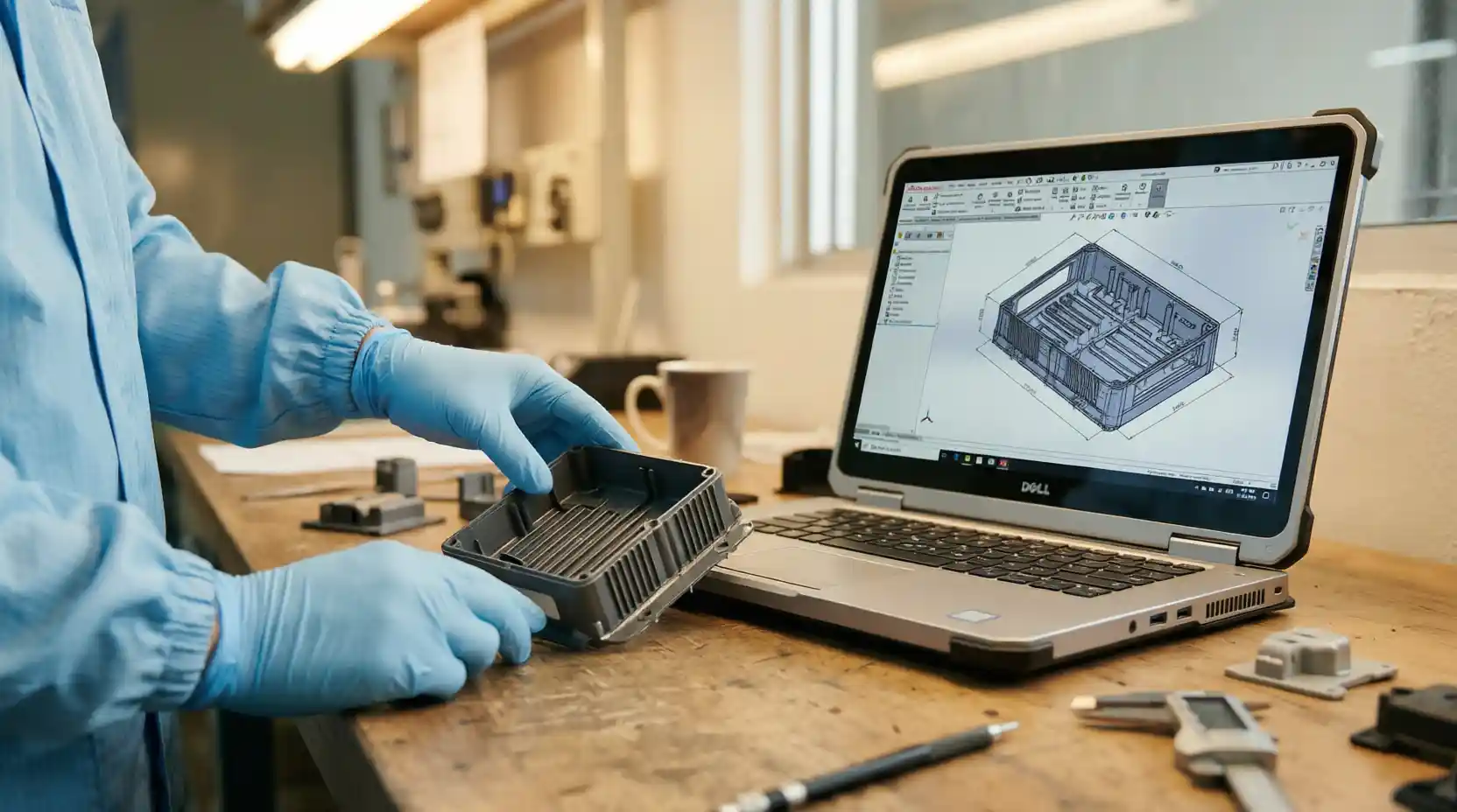 Engineer reviewing a molded part against dimensional specifications