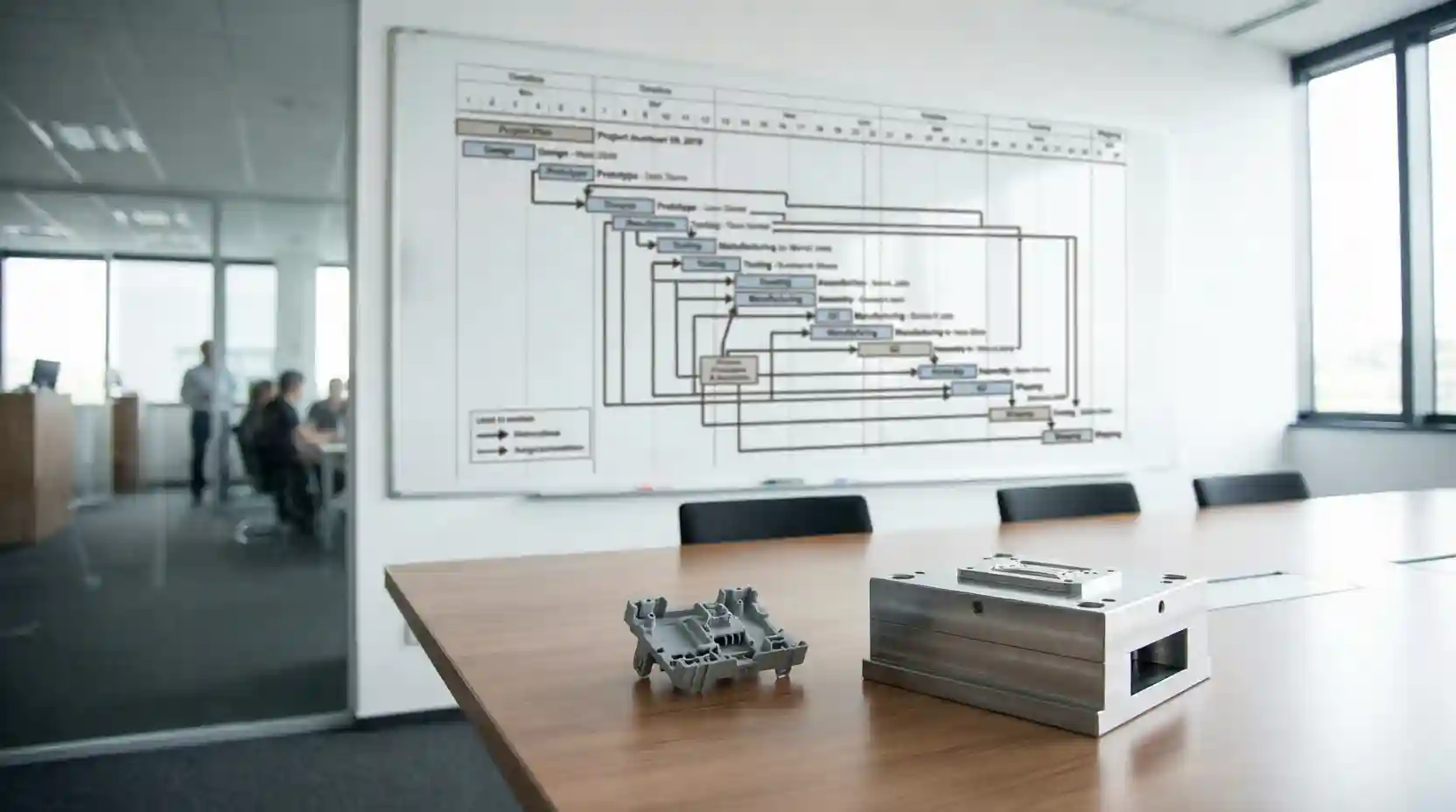 Gantt chart showing injection molding project timeline with plastic part in foreground