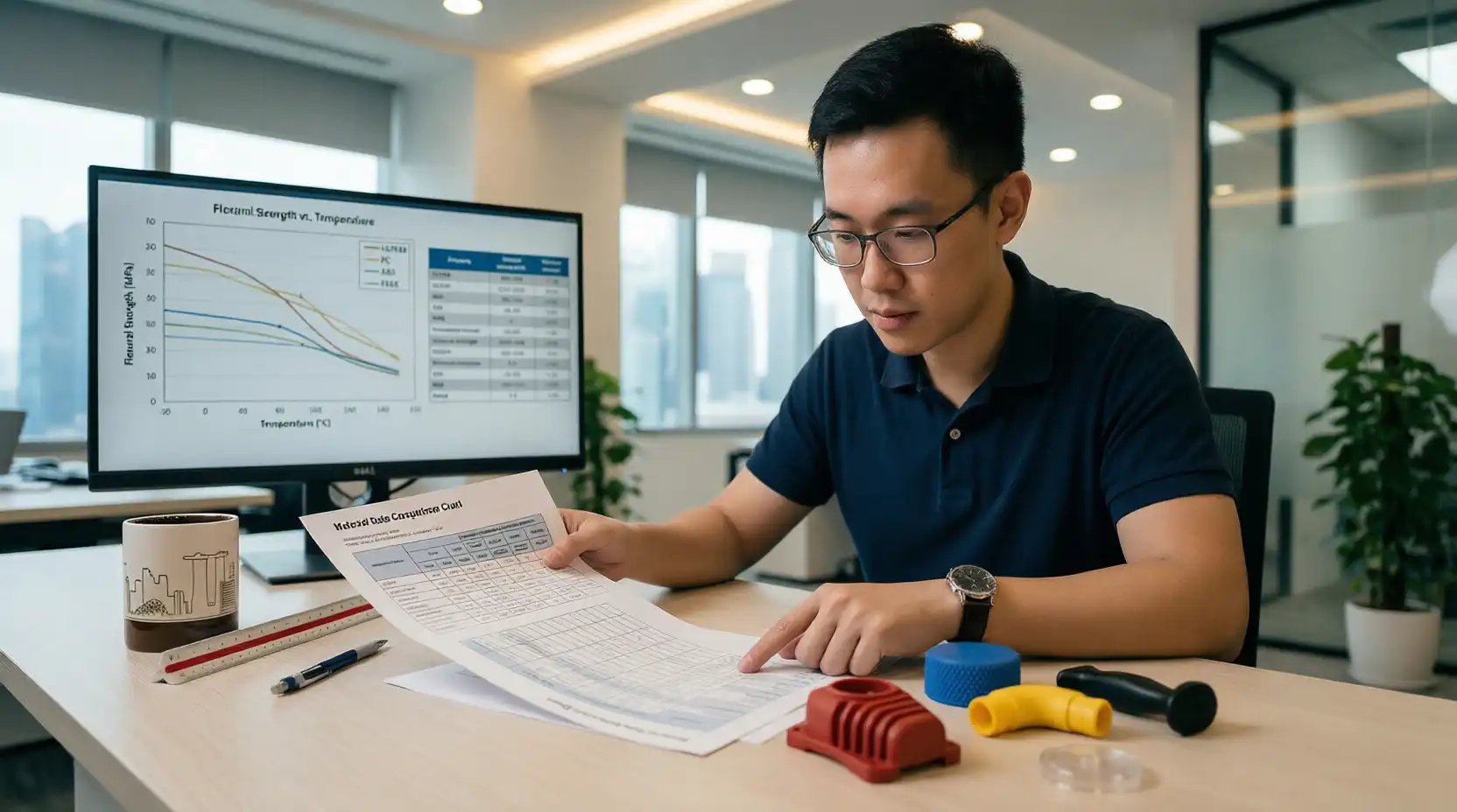 Engineer reviewing material specifications for injection molding